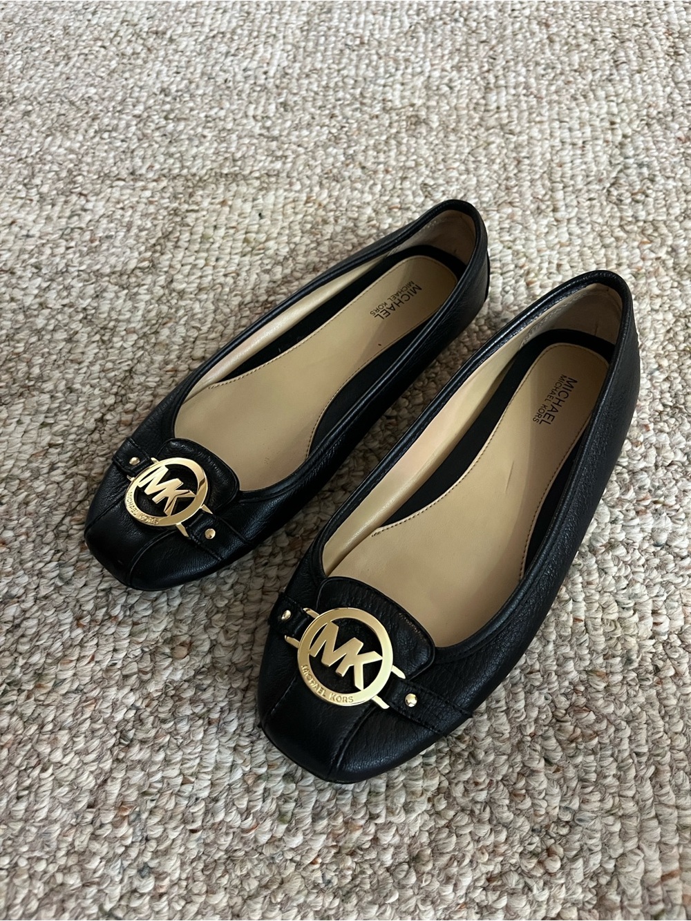 Michael Kors Black Leather Logo Ballet Flats with Gold MK Emblem
